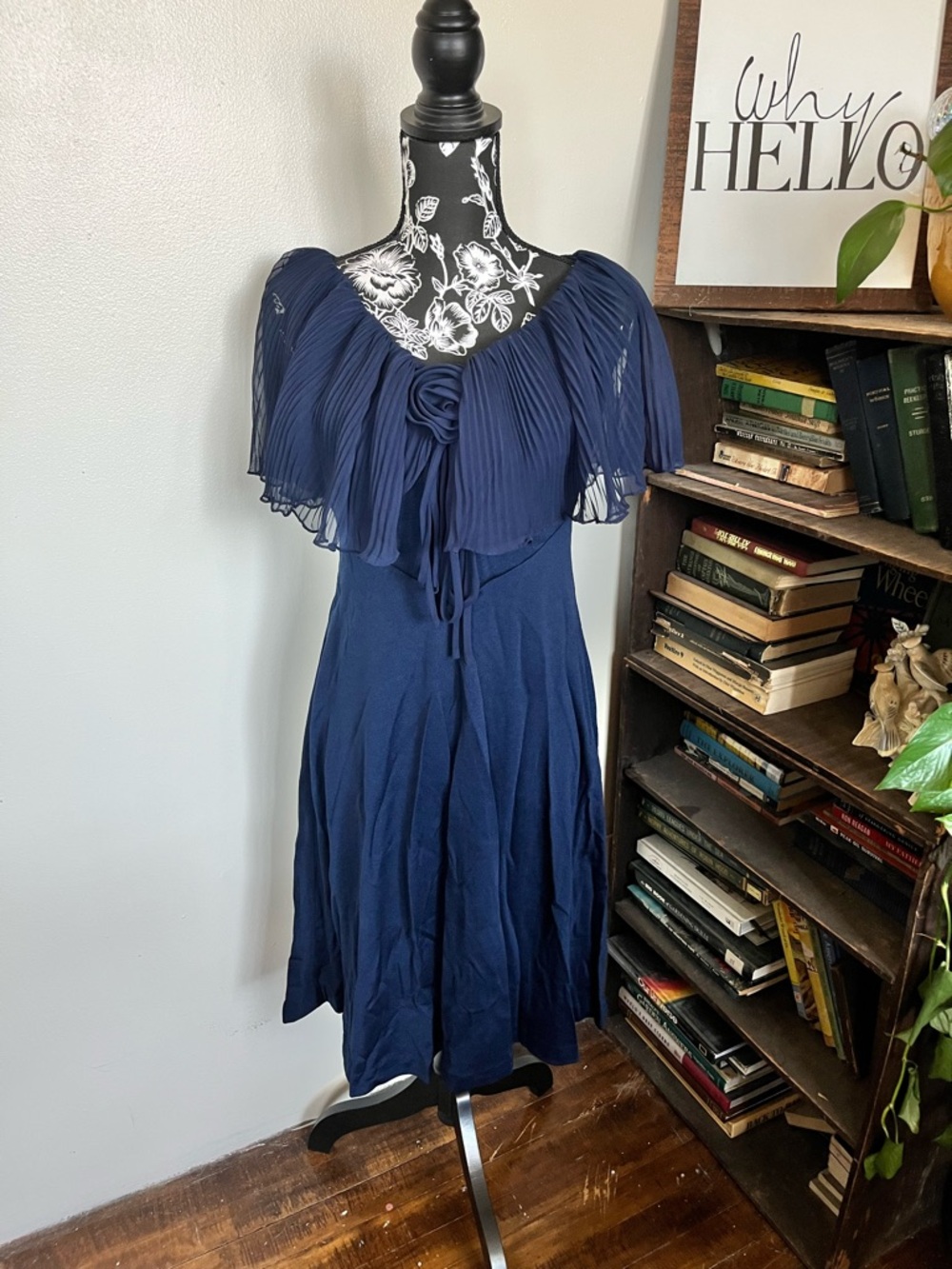 Miss Elliette Navy Blue Pleated Capelet Midi Dress